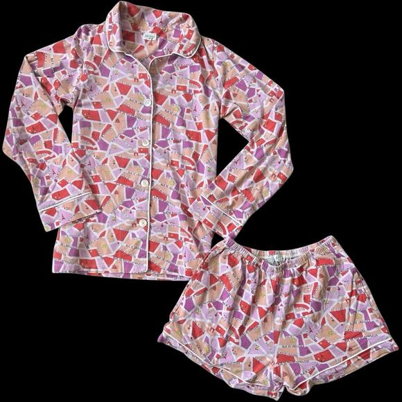 GUC Bedhead Long Sleeve & Shorts Pink Eiffel Tower Cotton Knit Pajama Set Small - Picture 1 of 5